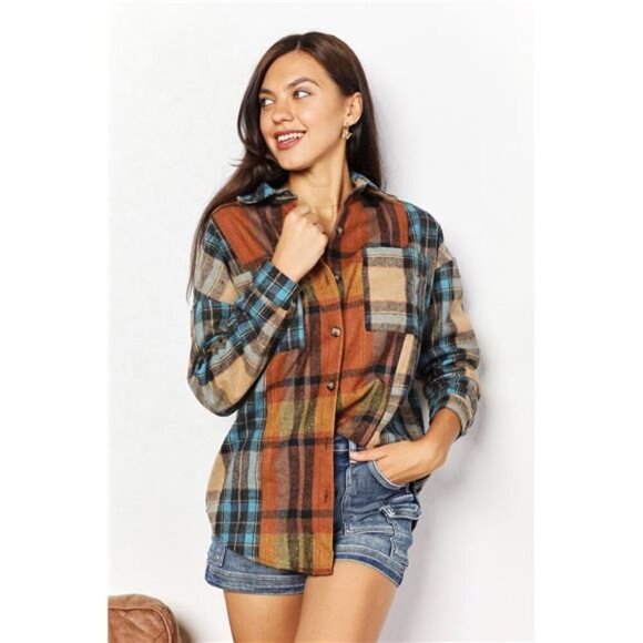 Double Take Plaid Curved Hem Shirt Jacket with Breast Pockets - Picture 1 of 15